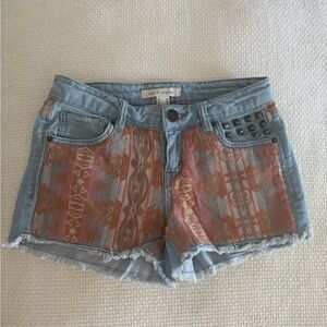 Life in Progress Blue and Orange Jean Shorts with Distressed Details